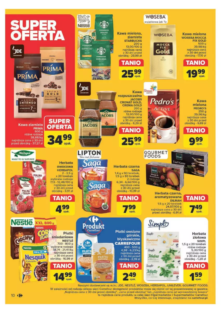 Gazetka promocyjna Carrefour - ważna 29.04 do 11.05.2024 - strona 4 - produkty: Danio, Dilmah, Fa, Herbapol, Herbata, Herbata czarna, Herbata owocowa, Jacobs, Kawa, Kawa mielona, Lipton, Płatki owsiane, Prima, Saga, Woseba