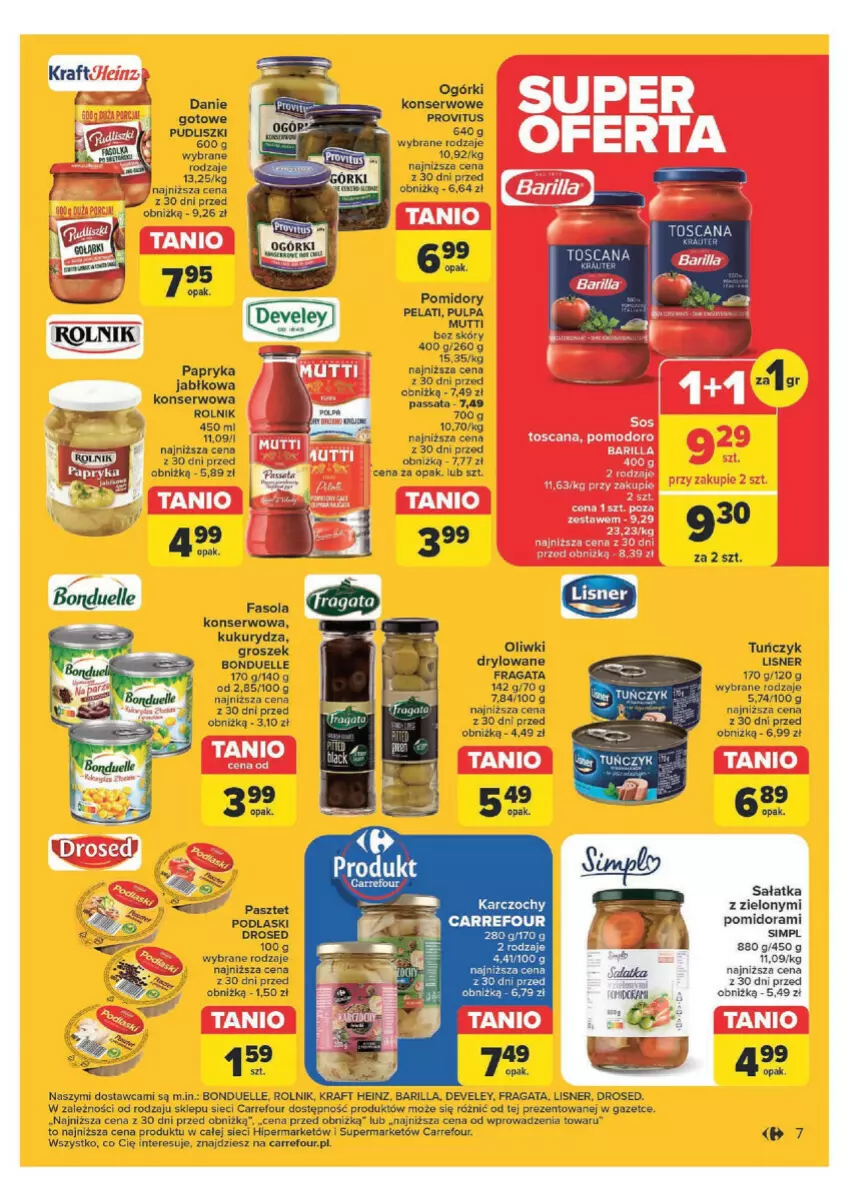 Gazetka promocyjna Carrefour - ważna 29.04 do 11.05.2024 - strona 44 - produkty: Barilla, Bonduelle, Danie gotowe, Fa, Fasola, Groszek, Karczochy, Kukurydza, Lisner, Ogórki konserwowe, Oliwki, Papryka, Pasztet, Podlaski, Pomidory, Pudliszki, Rolnik, Sałat, Sałatka, Ser, Tuńczyk