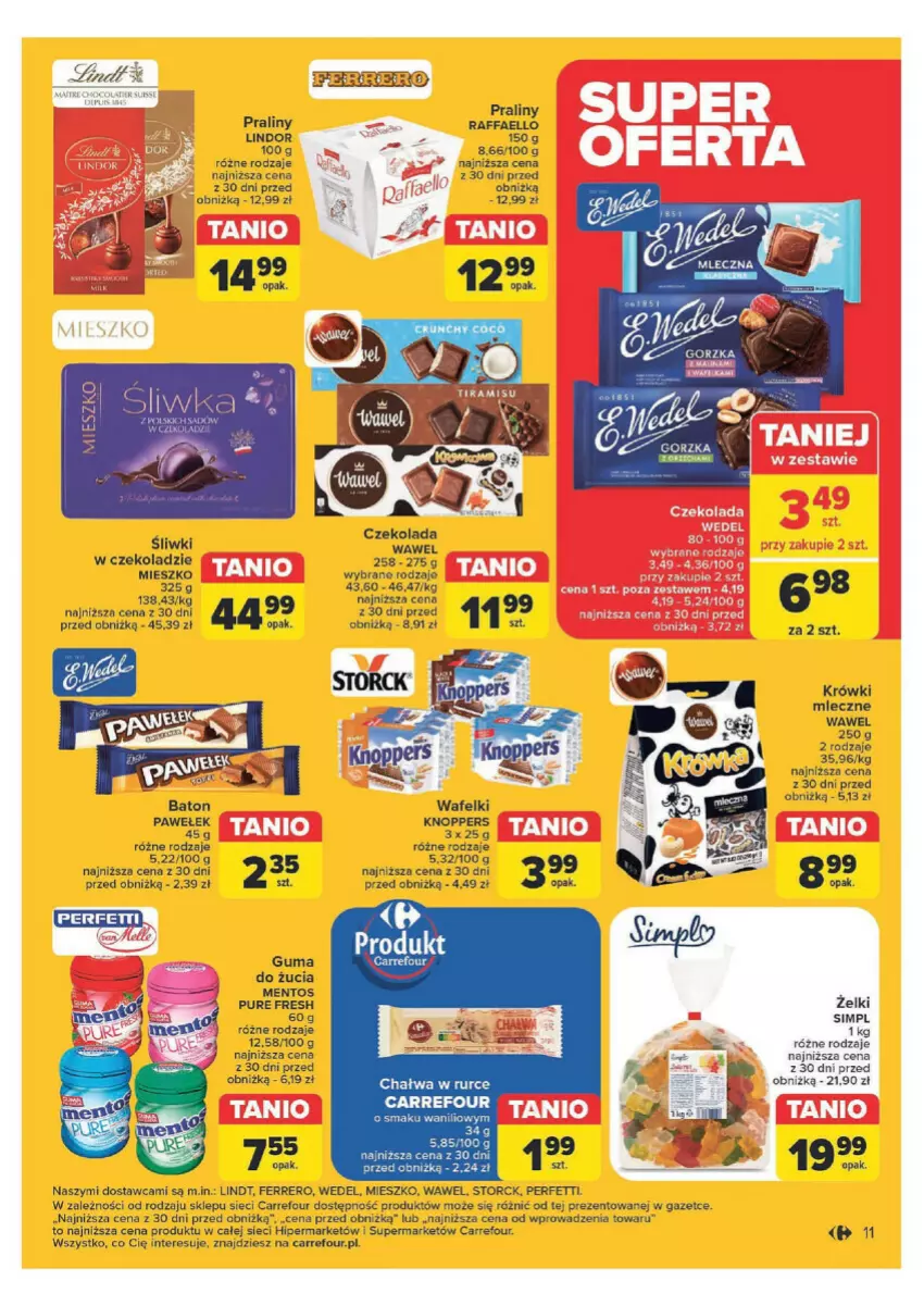 Gazetka promocyjna Carrefour - ważna 29.04 do 11.05.2024 - strona 5 - produkty: Chałwa, Czekolada, DAX, Fa, Ferrero, Guma do żucia, Knoppers, Krówki mleczne, Lindor, Lindt, Mentos, Praliny, Pur, Raffaello, Wawel