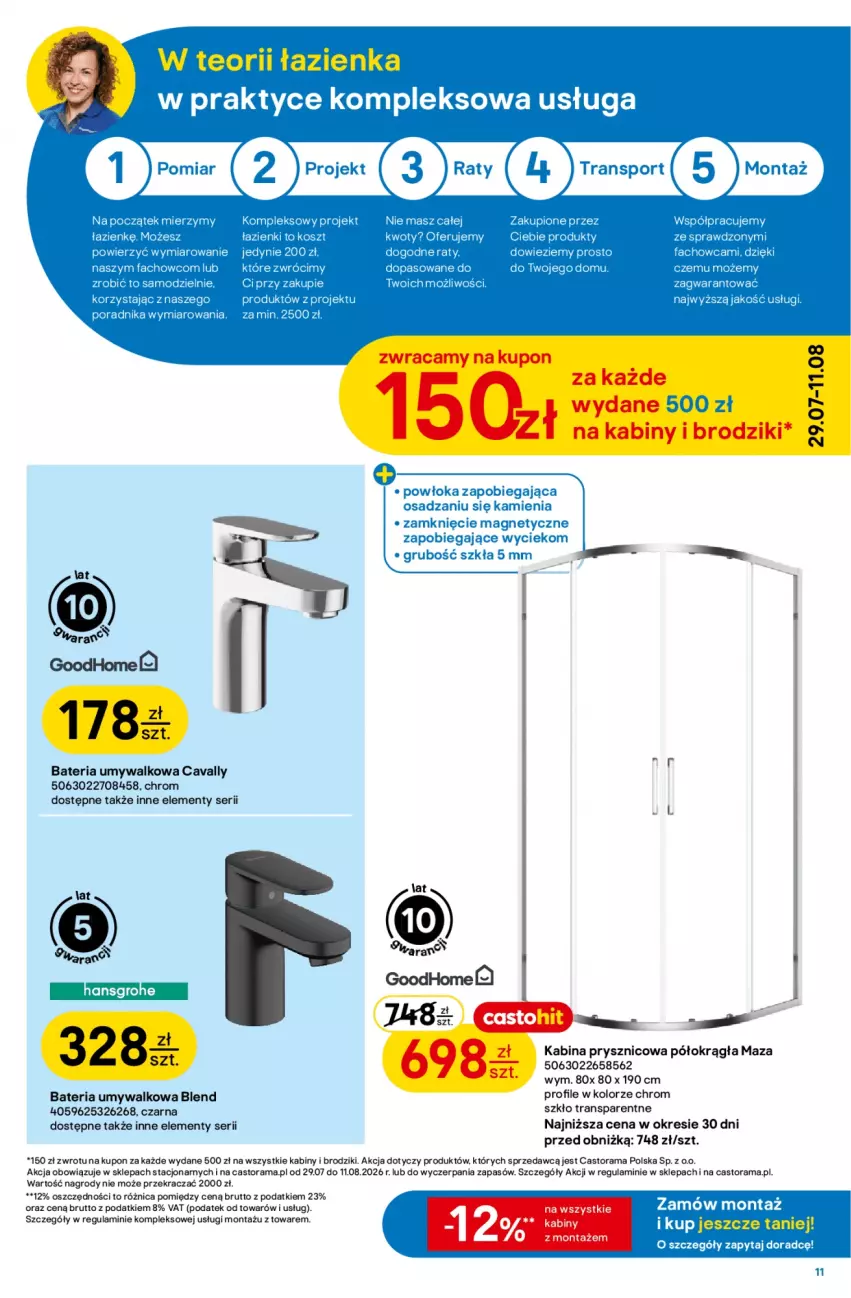 Gazetka promocyjna Castorama - Gazetka Budowa i Remont 29.07-11.08.2026 - ważna 29.07 do 11.08.2026 - strona 11 - produkty: Astor, Bateria, Bateria umywalkowa, Brodzik, Fa, Kabina prysznicowa, Kosz, Por, Rama, Ser, Tran