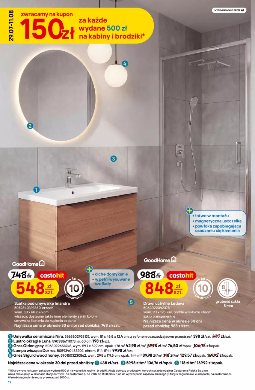 Gazetka promocyjna Castorama - Gazetka Budowa i Remont 29.07-11.08.2026 - ważna 29.07 do 11.08.2026 - strona 12 - produkty: Astor, Bateria, Brodzik, Gres, Rama, Ser, Szafka, Szafka pod umywalkę, Tran, Umywalka