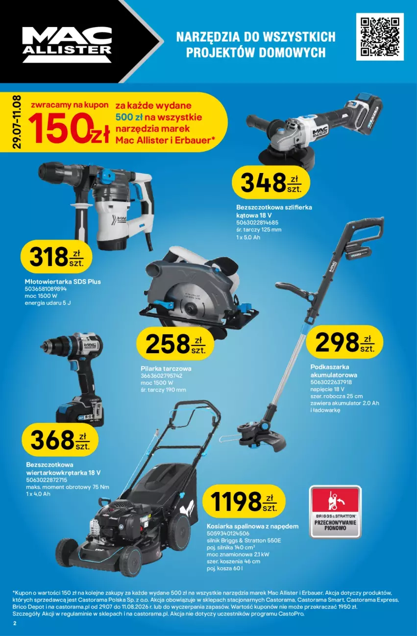 Gazetka promocyjna Castorama - Gazetka Budowa i Remont 29.07-11.08.2026 - ważna 29.07 do 11.08.2026 - strona 2 - produkty: Akumulator, Astor, Gra, Kasza, Kosiarka, Kosiarka spalinowa z napędem, Kosz, Młot, Młotowiertarka, Olej, Rama, Szlifierka, Szlifierka kątowa, Tarka, Top, Wiertarka, Wiertarkowkrętarka, Wkręt, Wkrętarka