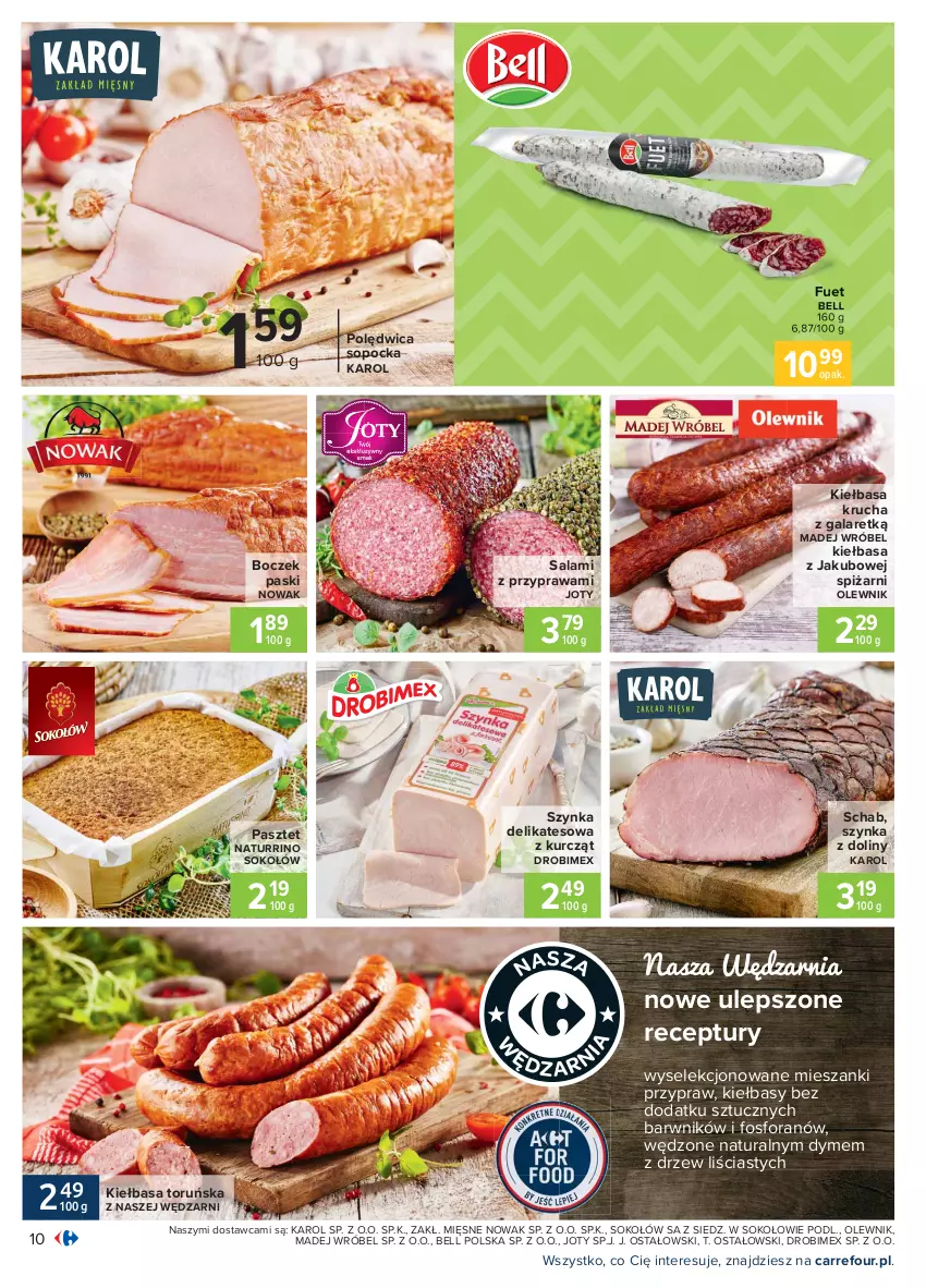 Gazetka promocyjna Carrefour - Gazetka Carrefour - ważna 28.03 do 03.04.2021 - strona 10 - produkty: Bell, Boczek, Drobimex, Gala, Kiełbasa, Kiełbasa krucha, Madej Wróbel, NOWAK, Olewnik, Pasztet, Polędwica, Salami, Sok, Sokołów, Szynka, Szynka delikatesowa