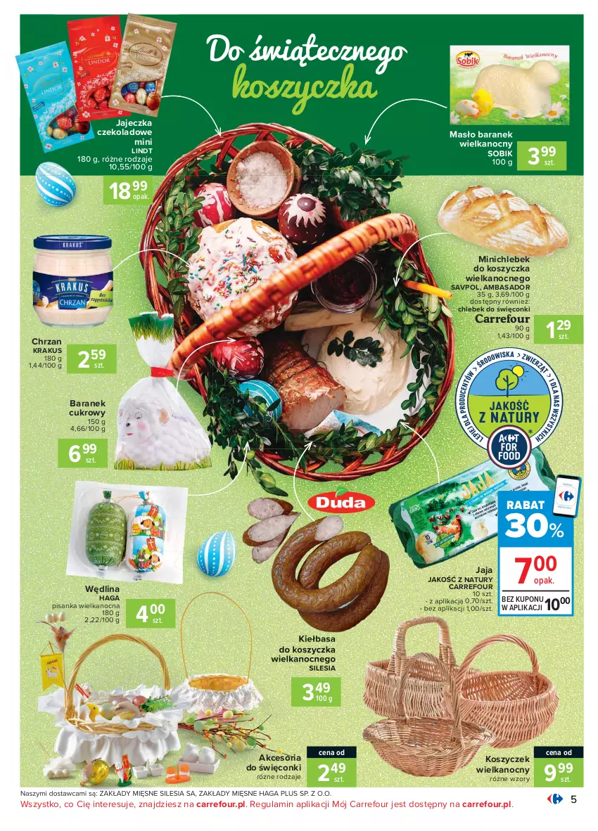 Gazetka promocyjna Carrefour - Gazetka Carrefour - ważna 28.03 do 03.04.2021 - strona 5 - produkty: Chleb, Chrzan, Jaja, Kiełbasa, Kosz, Krakus, Lindt, Masło, Wędlina