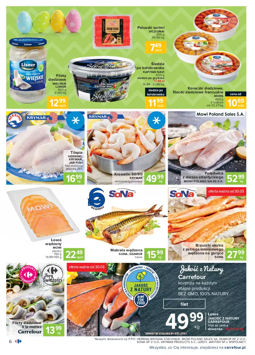 Gazetka promocyjna Carrefour - Gazetka Carrefour - ważna 28.03 do 03.04.2021 - strona 6 - produkty: Dorsz, Glazura, Gry, Koreczki śledziowe, Krewetki, Lazur, Lisner, Polędwica, Pstrąg, Sos, Surimi, Tilapia, Tusz