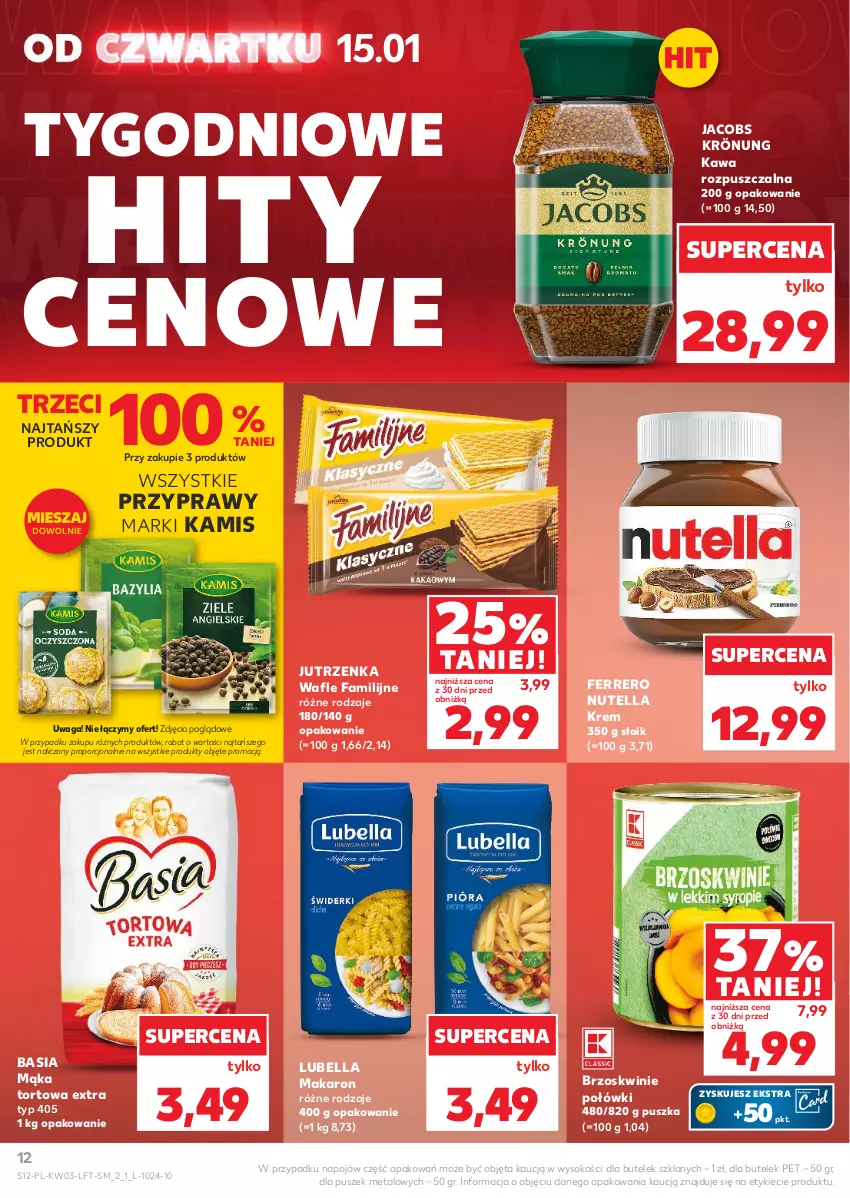 Gazetka promocyjna Kaufland - Gazetka tygodnia - ważna 15.01 do 21.01.2026 - strona 12 - produkty: Basia, Bell, Bella, Brzoskwinie, Fa, Ferrero, Jacobs, Jacobs Krönung, Jutrzenka, Kamis, Kawa, Kawa rozpuszczalna, Lubella, Mąka, Mąka tortowa, Makaron, Nutella, Por, Przyprawy, Sok, Wafle, Waga