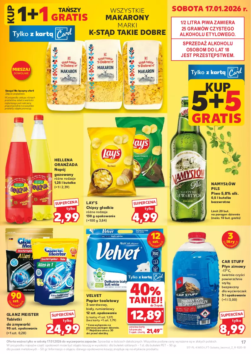 Gazetka promocyjna Kaufland - Gazetka tygodnia - ważna 15.01 do 21.01.2026 - strona 17 - produkty: Chipsy, Gra, Hellena, Lay’s, Makaron, Namysłów, Napój, Napój gazowany, Oranżada, Papier, Papier toaletowy, Piec, Piwa, Piwo, Płyn zimowy, Por, Rum, Sok, Tablet, Tabletki do zmywarki, Velvet, Waga, Zmywarki