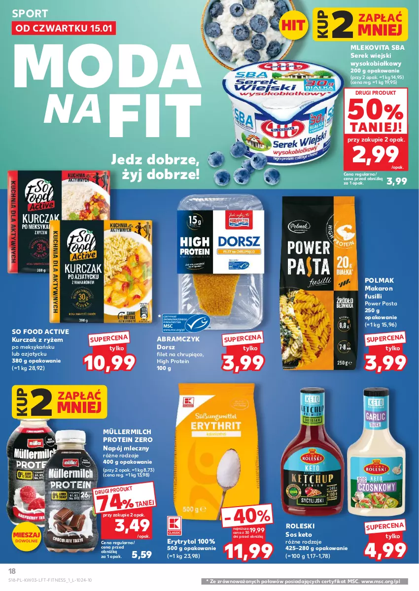 Gazetka promocyjna Kaufland - Gazetka tygodnia - ważna 15.01 do 21.01.2026 - strona 18 - produkty: Dorsz, Kurczak, Makaron, Mleko, Mlekovita, Moda, Müller, Müllermilch, Napój, Napój mleczny, Olma, Por, Ryż, Ser, Serek, Serek wiejski, So Food, Sok, Sos, Sport
