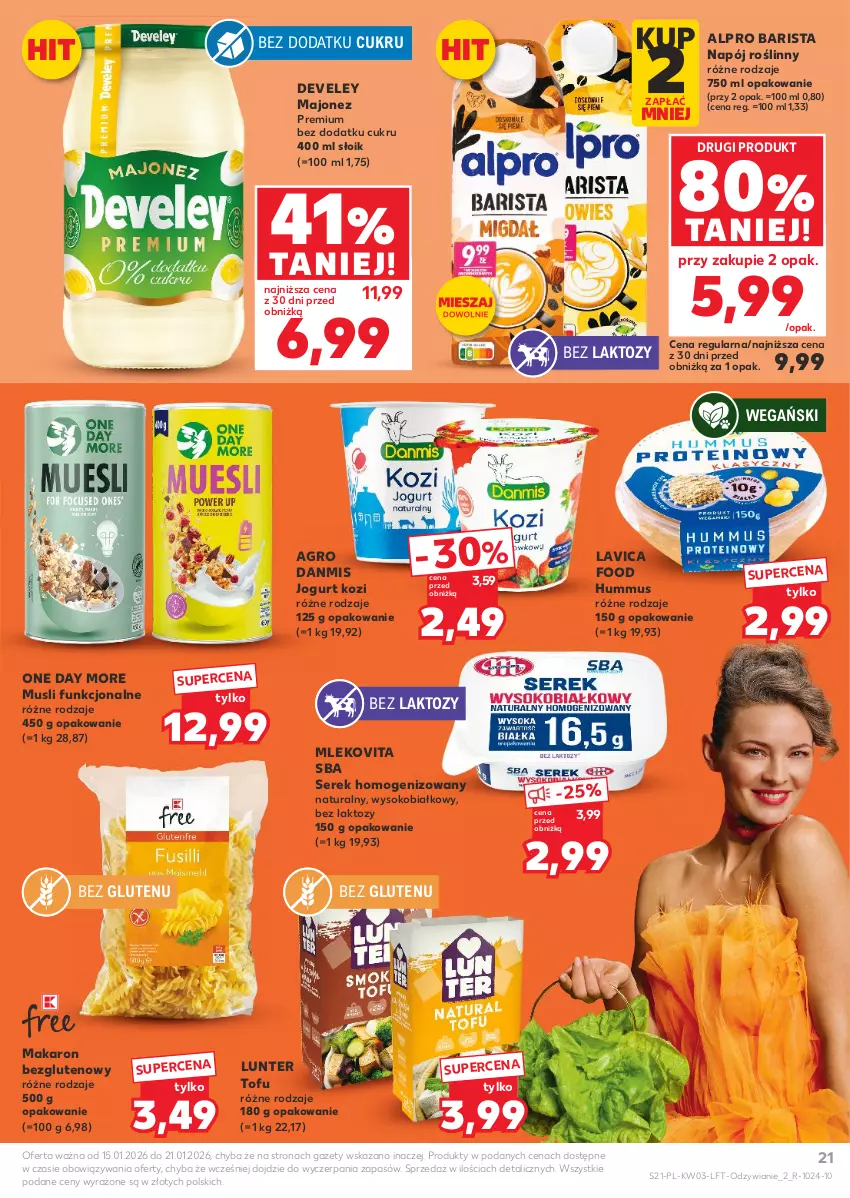 Gazetka promocyjna Kaufland - Gazetka tygodnia - ważna 15.01 do 21.01.2026 - strona 21 - produkty: Alpro, Hummus, Jogurt, Majonez, Makaron, Mleko, Mlekovita, Mus, Napój, Napój roślinny, Ser, Serek, Serek homogenizowany, Sok, Tofu