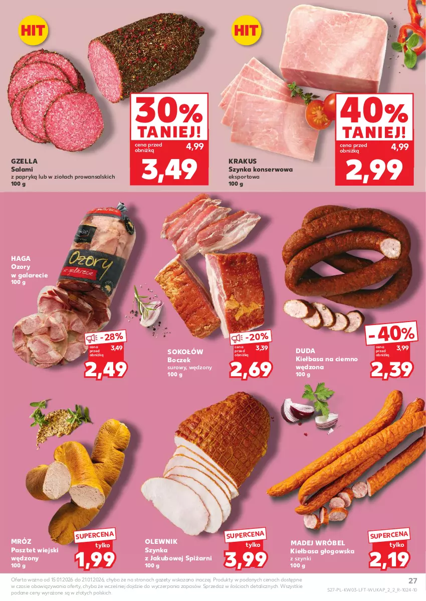 Gazetka promocyjna Kaufland - Gazetka tygodnia - ważna 15.01 do 21.01.2026 - strona 27 - produkty: Boczek, Duda, Gala, Kiełbasa, Kiełbasa głogowska, Krakus, Madej Wróbel, Olewnik, Pasztet, Por, Salami, Salami z papryką, Ser, Sok, Sokołów, Sport, Szynka, Szynka konserwowa