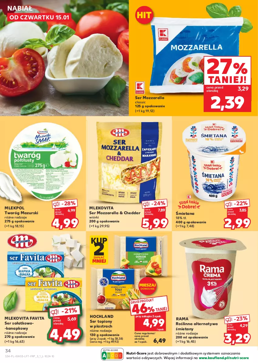 Gazetka promocyjna Kaufland - Gazetka tygodnia - ważna 15.01 do 21.01.2026 - strona 34 - produkty: Cheddar, Fa, Favita, Hochland, Mleko, Mlekovita, Mozzarella, Rama, Sałat, Ser, Ser sałatkowo-kanapkowy, Ser topiony, Top, Twaróg
