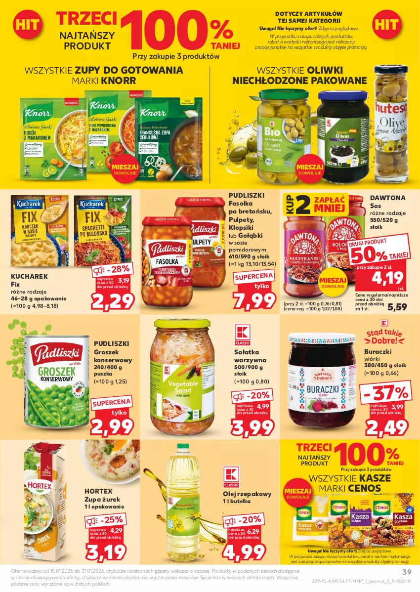 Gazetka promocyjna Kaufland - Gazetka tygodnia - ważna 15.01 do 21.01.2026 - strona 39 - produkty: Buraczki, Cenos, Dawtona, Fa, Groszek, Hortex, Klopsiki, Knorr, Kucharek, Olej, Olej rzepakowy, Oliwki, Por, Pudliszki, Pulpety, Sałat, Sałatka, Sałatka warzywna, Ser, Sos, Waga, Zupa