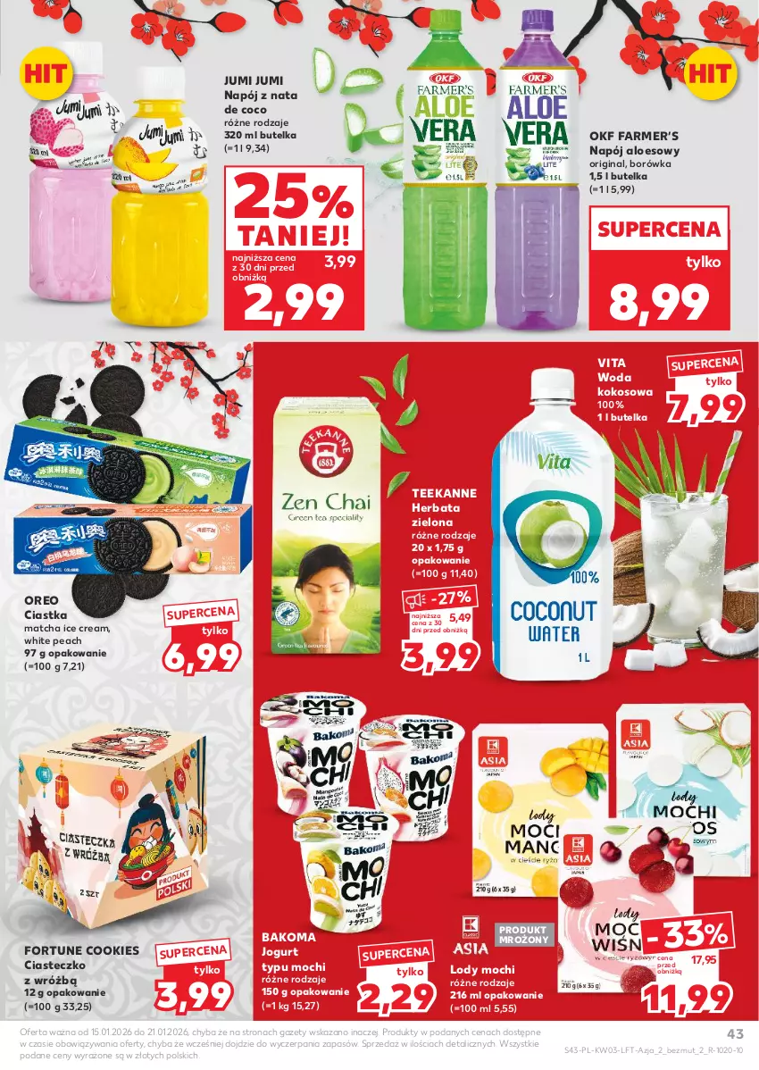 Gazetka promocyjna Kaufland - Gazetka tygodnia - ważna 15.01 do 21.01.2026 - strona 43 - produkty: Bakoma, Borówka, Ciastka, Fa, Gin, Herbata, Jogurt, Kokos, Lody, Napój, Oreo, Teekanne, Woda