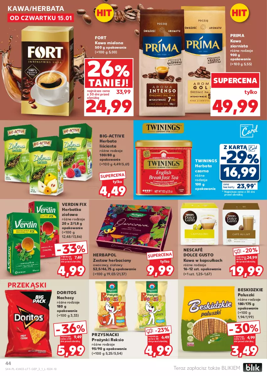 Gazetka promocyjna Kaufland - Gazetka tygodnia - ważna 15.01 do 21.01.2026 - strona 44 - produkty: Beskidzki, Beskidzkie paluszki, Dolce Gusto, Herbapol, Herbata, Herbata czarna, Kawa, Kawa mielona, Kawa ziarnista, Nescafé, Prima, Przysnacki, Tera