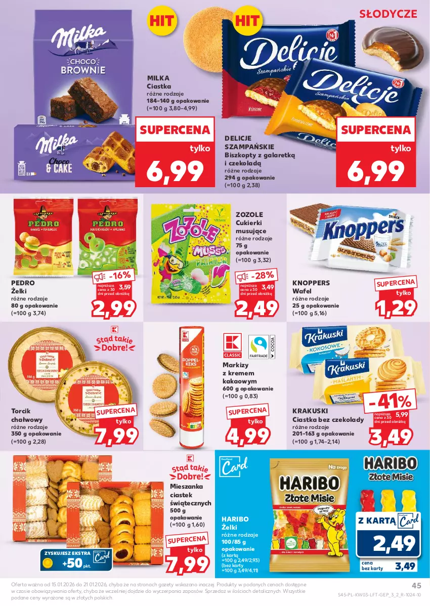 Gazetka promocyjna Kaufland - Gazetka tygodnia - ważna 15.01 do 21.01.2026 - strona 45 - produkty: Biszkopty, Ciastka, Cukier, Cukierki, Delicje, Gala, Haribo, Kakao, Knoppers, Krakus, Krakuski, Milka, Mus, Stek