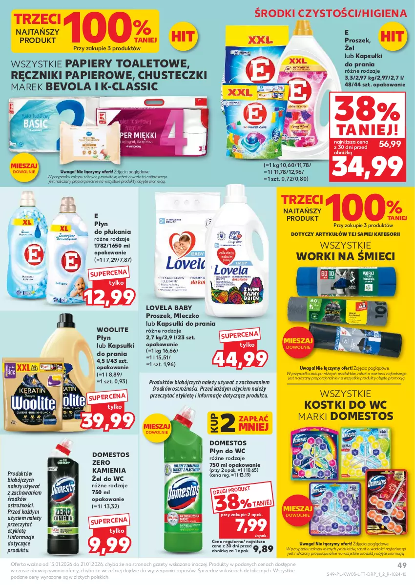 Gazetka promocyjna Kaufland - Gazetka tygodnia - ważna 15.01 do 21.01.2026 - strona 49 - produkty: Chusteczki, Domestos, Kapsułki do prania, Lovela, Mleczko, Papier, Płyn do płukania, Płyn do wc, Por, Ręcznik, Ręczniki papierowe, Waga, Woolite, Worki na śmiec, Worki na śmieci