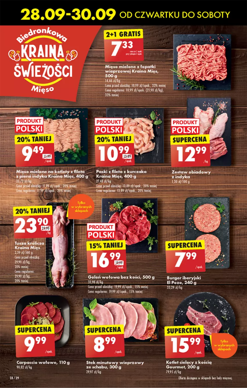 Gazetka promocyjna Biedronka - Od czwartku - ważna 28.09 do 04.10.2023 - strona 28 - produkty: Burger, Carpaccio, Kotlet, Kurczak, Mięso, Mięso mielone, Stek