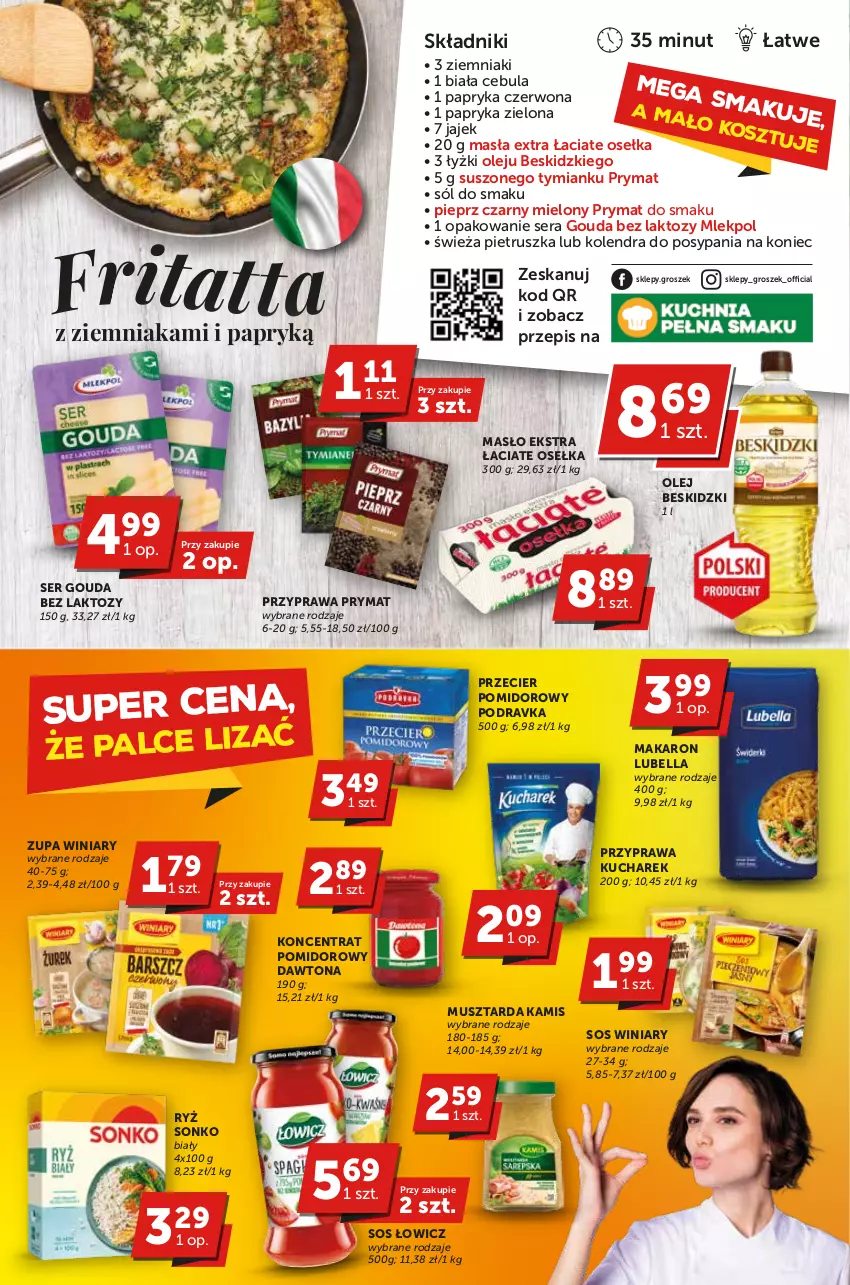 Gazetka promocyjna Groszek - ważna 23.02 do 05.03.2023 - strona 2 - produkty: Bell, Bella, Beskidzki, Cebula, Dawtona, Gouda, Groszek, Kamis, Kolendra, Koncentrat pomidorowy, Kosz, Kucharek, Lubella, Makaron, Masło, Mus, Musztarda, Olej, Papryka, Papryka czerwona, Pieprz, Pietruszka, Podravka, Prymat, Ryż, Ser, Sól, Sonko, Sos, Winiary, Ziemniaki, Zupa