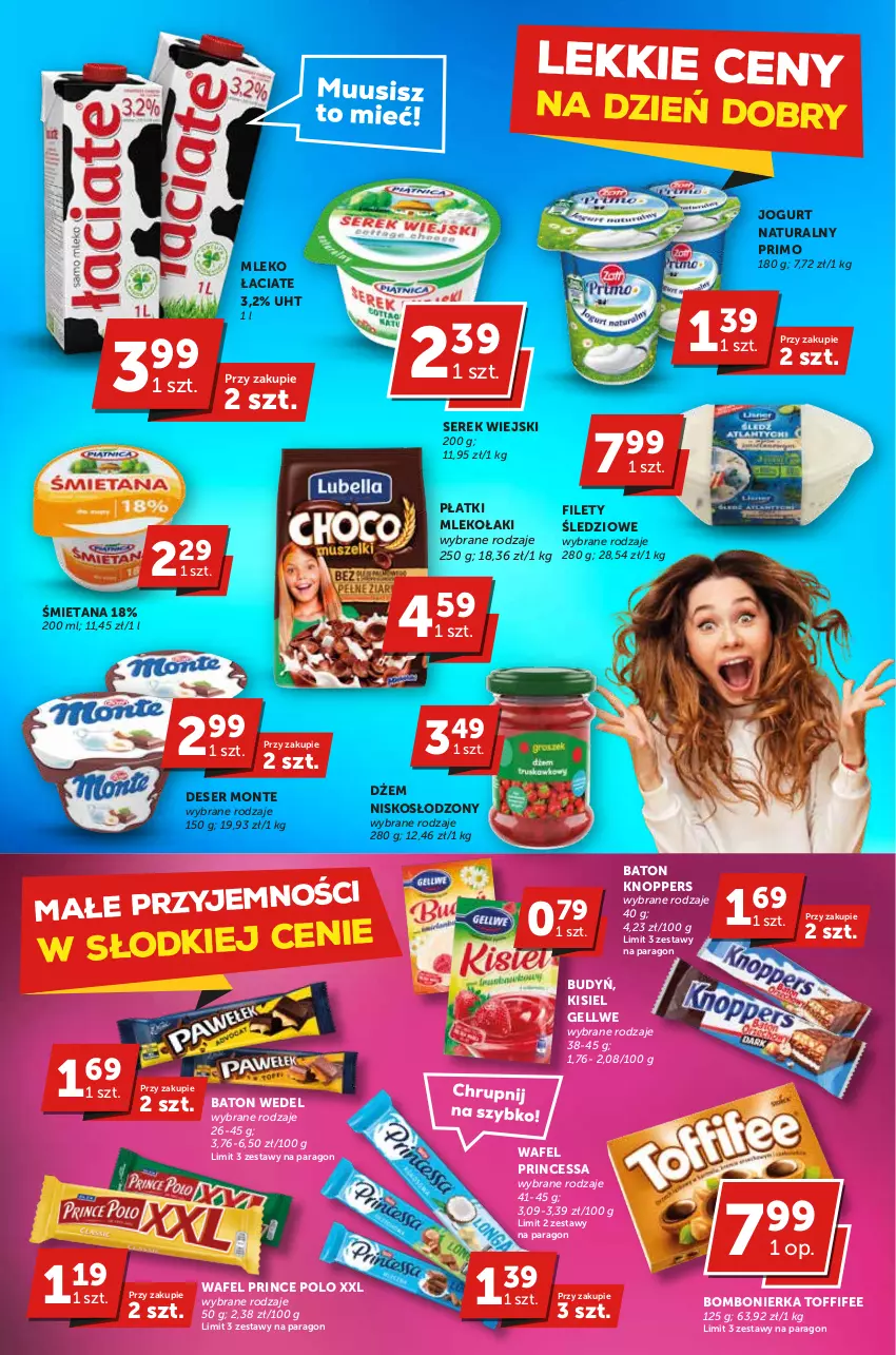 Gazetka promocyjna Groszek - ważna 23.02 do 05.03.2023 - strona 3 - produkty: Baton, Budyń, Deser, Dżem, Jogurt, Jogurt naturalny, Kisiel, Knoppers, Mleko, Monte, Prince Polo, Princessa, Ser, Serek, Serek wiejski, Toffifee