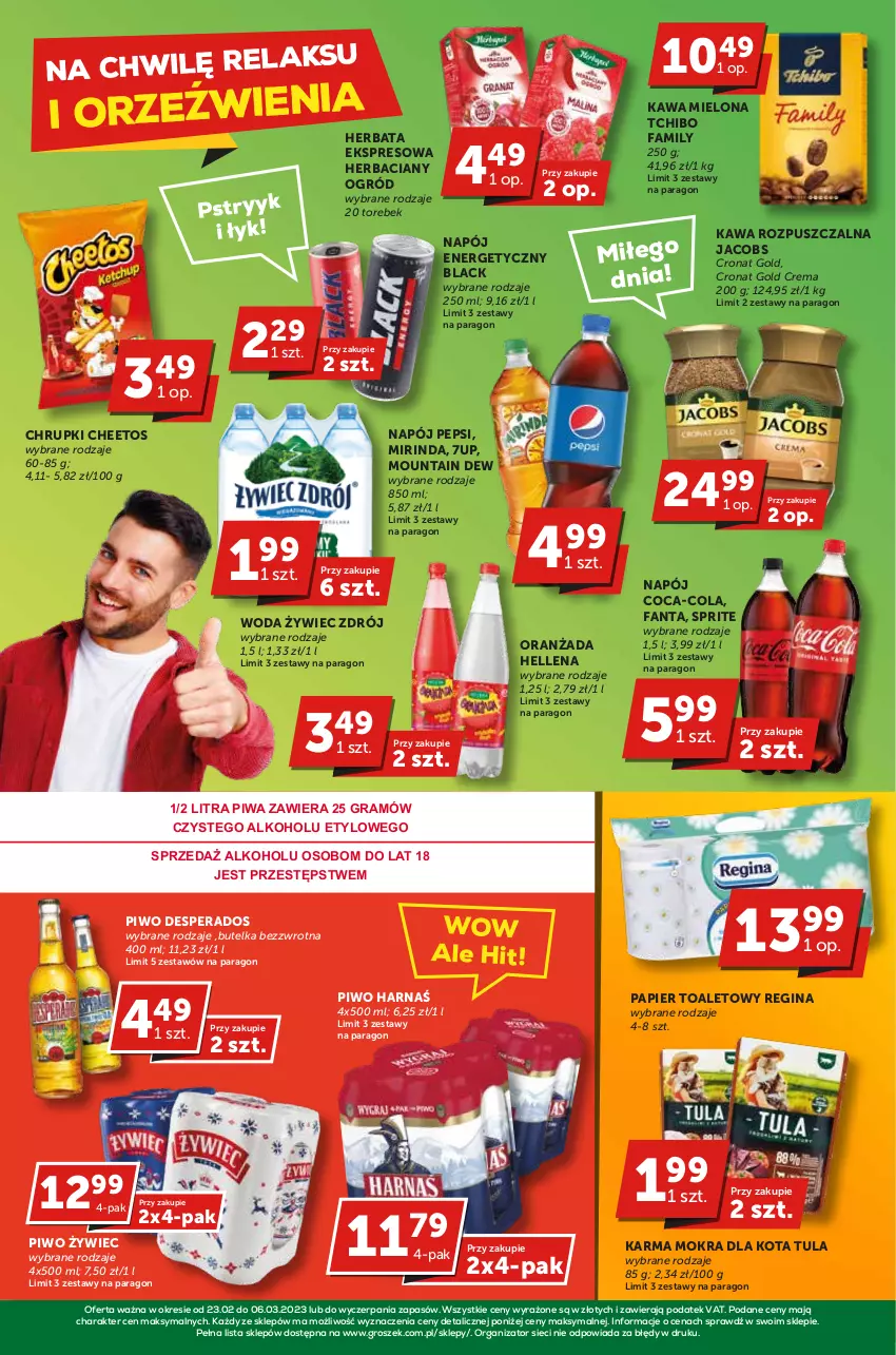 Gazetka promocyjna Groszek - ważna 23.02 do 05.03.2023 - strona 4 - produkty: 7up, Cheetos, Chrupki, Coca-Cola, Desperados, Fa, Fanta, Gin, Gra, Groszek, Harnaś, Hellena, Herbata, Jacobs, Kawa, Kawa mielona, Kawa rozpuszczalna, Lack, Mirinda, Napój, Napój energetyczny, Ogród, Oranżada, Papier, Papier toaletowy, Pepsi, Piwa, Piwo, Sprite, Tchibo, Tchibo Family, Woda