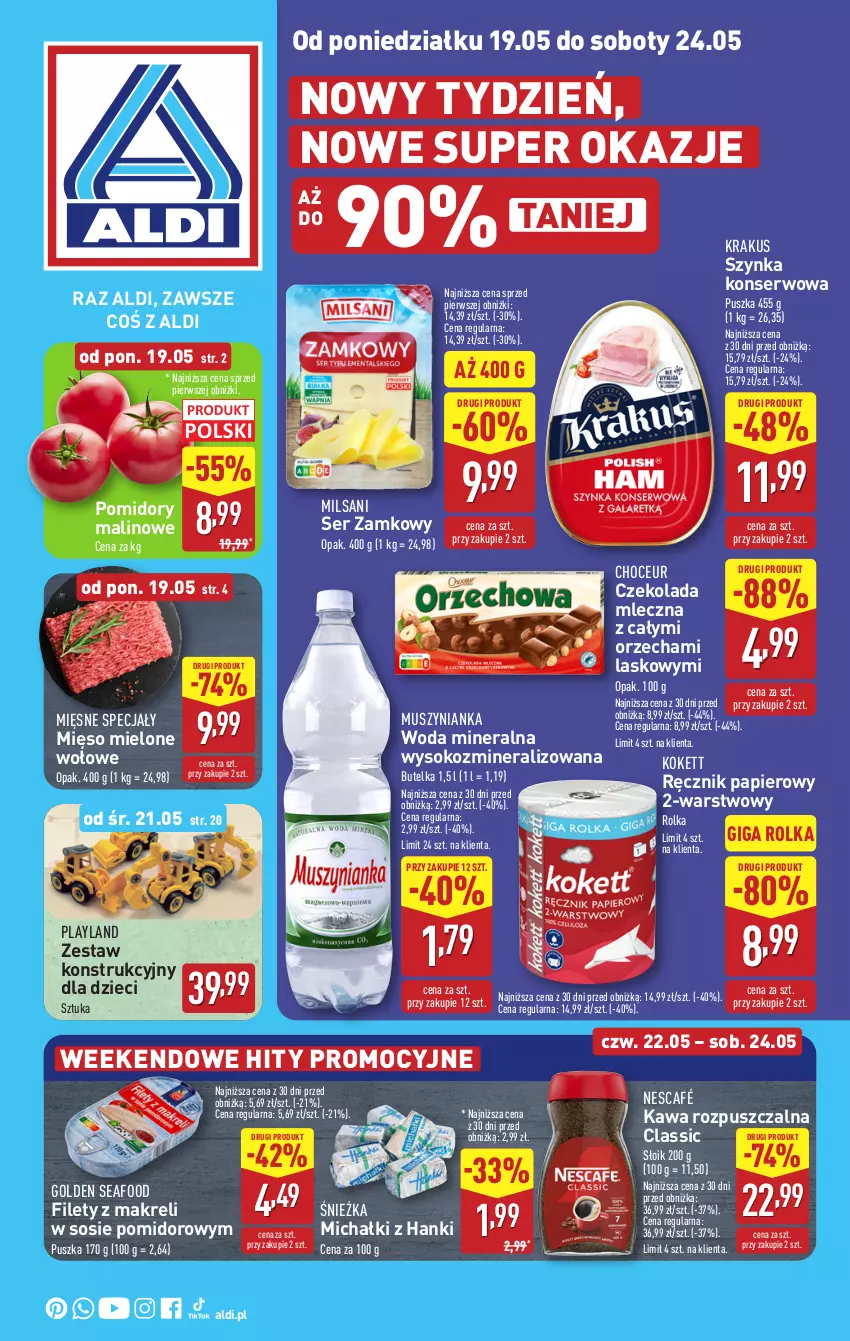Gazetka promocyjna Aldi - Pełna oferta - ważna 19.05 do 24.05.2025 - strona 1 - produkty: Czekolada, Czekolada mleczna, Dzieci, Golden Seafood, Kawa, Kawa rozpuszczalna, Krakus, Michałki, Mięsne specjały, Mięso, Mięso mielone, Mus, Muszynianka, Nescafé, Papier, Pomidory, Ręcznik, Ser, Sok, Sos, Szynka, Szynka konserwowa, Woda, Woda mineralna