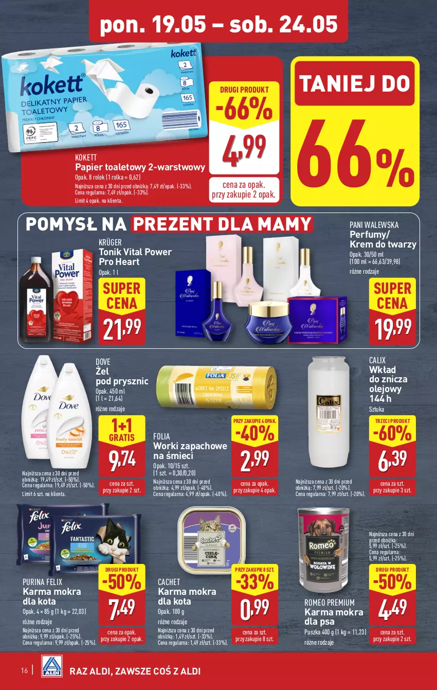 Gazetka promocyjna Aldi - Pełna oferta - ważna 19.05 do 24.05.2025 - strona 16 - produkty: Dove, Felix, Gra, Krem do twarzy, Olej, Papier, Papier toaletowy, Perfum, Pur, Purina, Tonik, Znicz