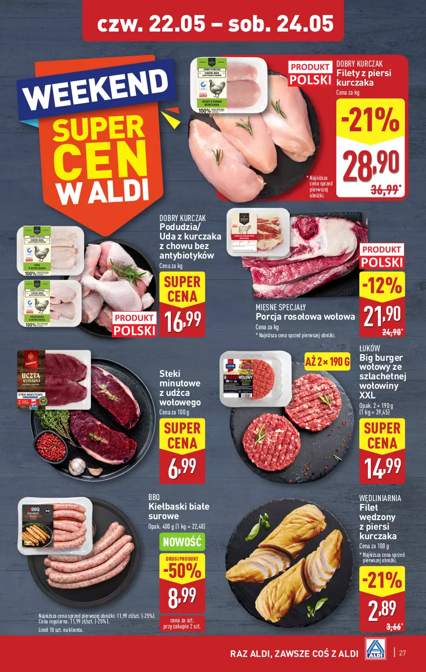 Gazetka promocyjna Aldi - Pełna oferta - ważna 19.05 do 24.05.2025 - strona 27 - produkty: Burger, Kiełbaski białe, Kurczak, Mięsne specjały, Por, Stek