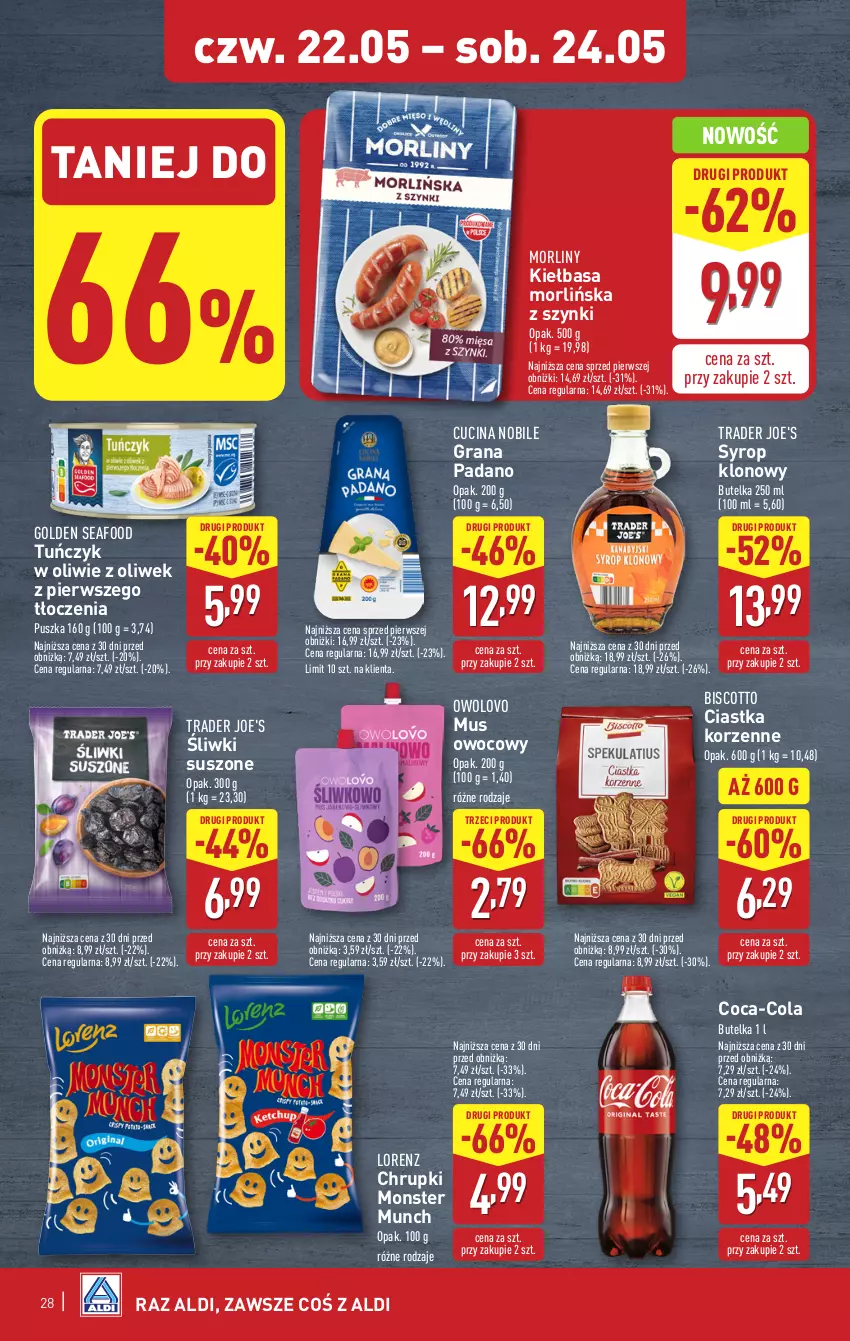 Gazetka promocyjna Aldi - Pełna oferta - ważna 19.05 do 24.05.2025 - strona 28 - produkty: Chrupki, Ciastka, Coca-Cola, Golden Seafood, Gra, Kiełbasa, Lorenz, Monster Munch, Morliny, Mus, Syrop, Tuńczyk