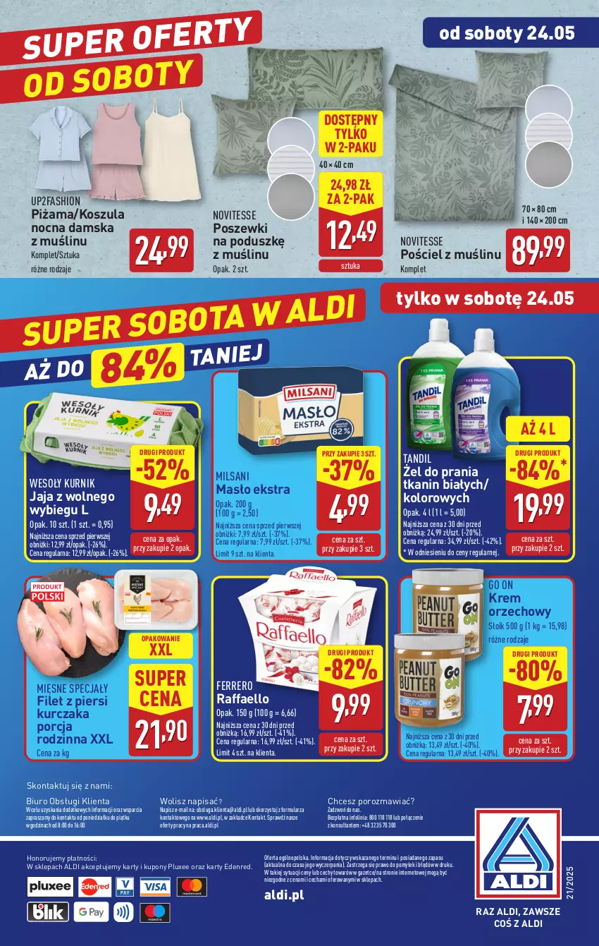 Gazetka promocyjna Aldi - Pełna oferta - ważna 19.05 do 24.05.2025 - strona 36 - produkty: Biuro, Fa, Ferrero, Filet z piersi kurczaka, Jaja, Jaja z wolnego wybiegu, Kosz, Koszula, Koszula nocna, Krem orzechowy, Kurczak, Masło, Mięsne specjały, O nas, Piżama, Por, Pościel, Raffaello