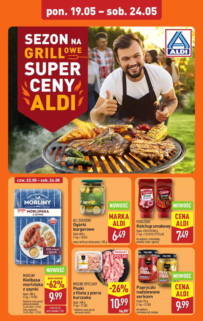 Gazetka promocyjna Aldi - Pełna oferta - ważna 19.05 do 24.05.2025 - strona 6 - produkty: All Seasons, Burger, Ketchup, Kiełbasa, Kurczak, Mięsne specjały, Morliny, Papryczki nadziewane, Pudliszki, Ser