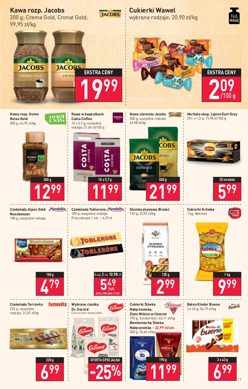 Gazetka promocyjna Stokrotka - Supermarket - ważna 17.02 do 23.02.2022 - strona 11 - produkty: Baton, Ciastka, Cukier, Cukierki, Czekolada, Earl Grey, Herbata, Jacobs, Kawa, Kawa ziarnista, Kinder, Kinder Bueno, Likier, Lipton, Ser, Toblerone, Vita C, Wawel