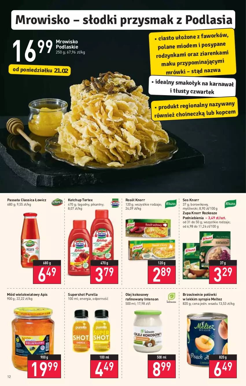 Gazetka promocyjna Stokrotka - Supermarket - ważna 17.02 do 23.02.2022 - strona 12 - produkty: Brzoskwinie, HP, Ketchup, Knorr, Kokos, Kosz, Miód, Olej, Olej kokosowy, Podlaski, Por, Pur, Rosół, Sos, Syrop, Wiko, Zupa