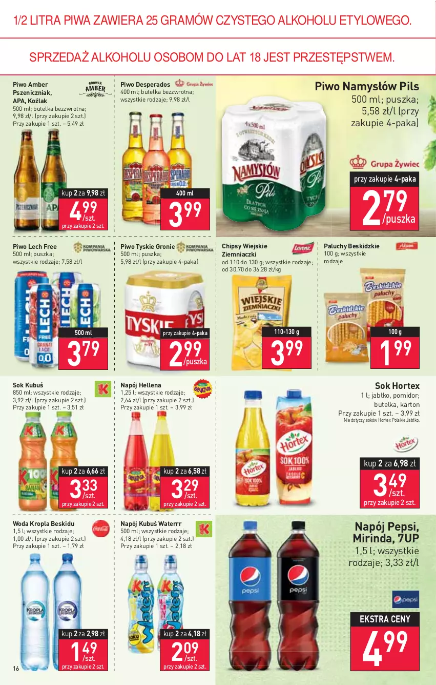 Gazetka promocyjna Stokrotka - Supermarket - ważna 17.02 do 23.02.2022 - strona 16 - produkty: 7up, Beskidzki, Chipsy, Desperados, Gra, Hellena, Hortex, Kubuś, Kubuś Waterrr, Mirinda, Namysłów, Napój, Pepsi, Piwa, Piwo, Sok, Tyskie, Woda