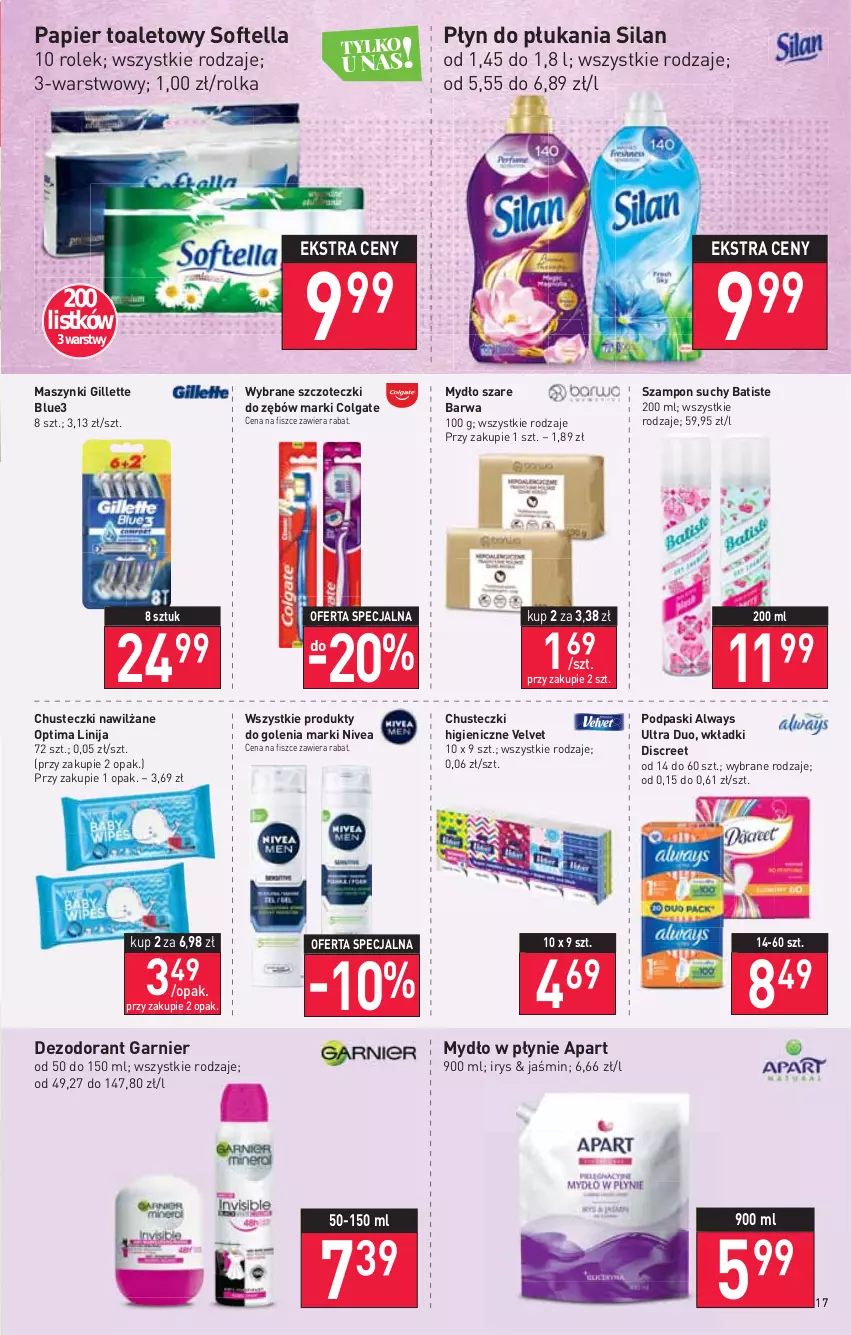 Gazetka promocyjna Stokrotka - Supermarket - ważna 17.02 do 23.02.2022 - strona 17 - produkty: Always, Always Ultra, Batiste, Chusteczki, Colgate, Dezodorant, Discreet, Garnier, Gillette, LG, Mydło, Mydło w płynie, Nivea, Optima, Papier, Papier toaletowy, Płyn do płukania, Podpaski, Silan, Szampon, Velvet, Wkładki