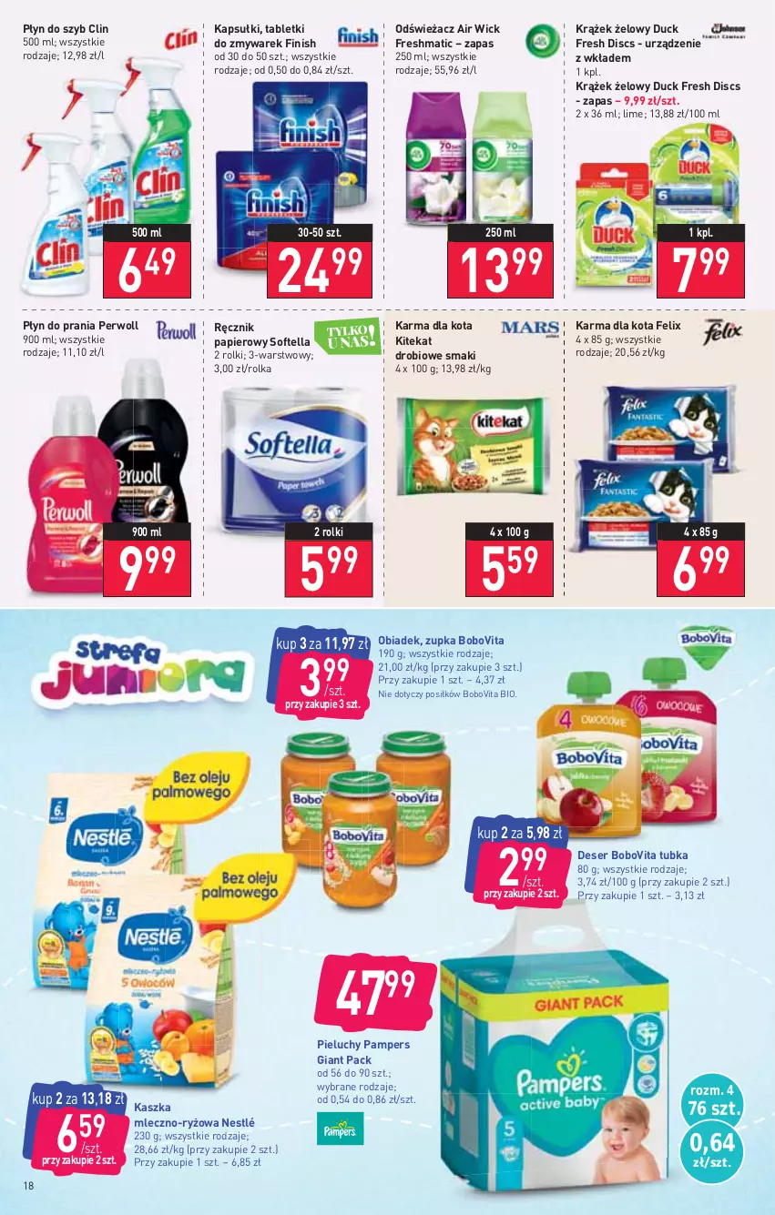 Gazetka promocyjna Stokrotka - Supermarket - ważna 17.02 do 23.02.2022 - strona 18 - produkty: Air Wick, BoboVita, Clin, Deser, Duck, Felix, Finish, KiteKat, Nestlé, Pampers, Papier, Perwoll, Pieluchy, Płyn do prania, Płyn do szyb, Ręcznik, Rolki, Ryż, Ser, Tablet