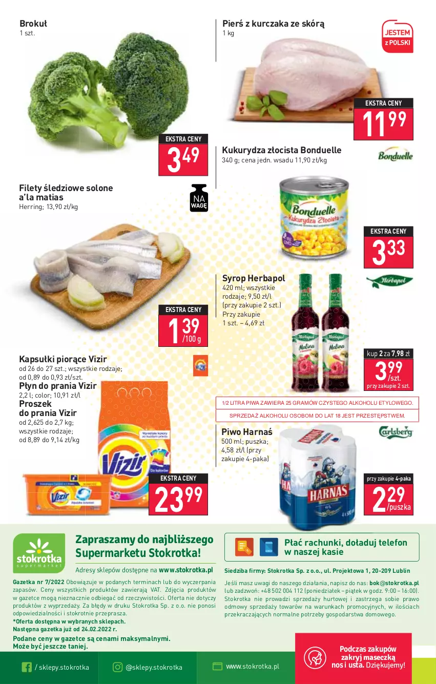 Gazetka promocyjna Stokrotka - Supermarket - ważna 17.02 do 23.02.2022 - strona 20 - produkty: Bonduelle, Gra, Harnaś, Herbapol, Kukurydza, Kurczak, O nas, Piwa, Piwo, Płyn do prania, Proszek do prania, Syrop, Telefon, Vizir, Wagi