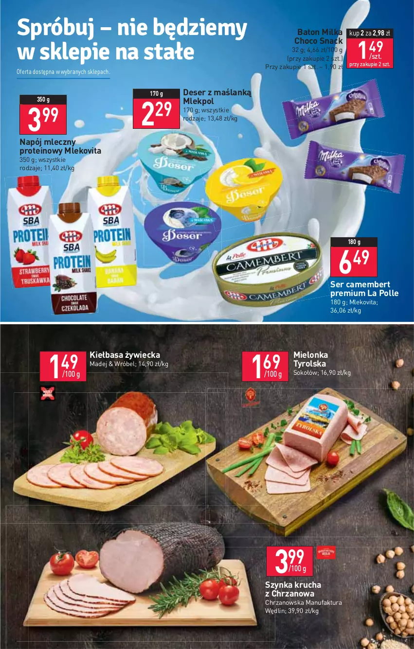 Gazetka promocyjna Stokrotka - Supermarket - ważna 17.02 do 23.02.2022 - strona 3 - produkty: Baton, Camembert, Chrzan, Deser, Fa, Kiełbasa, Mielonka tyrolska, Milka, Mleko, Mlekovita, Napój, Napój mleczny, Ser, Sok, Sokołów, Szynka