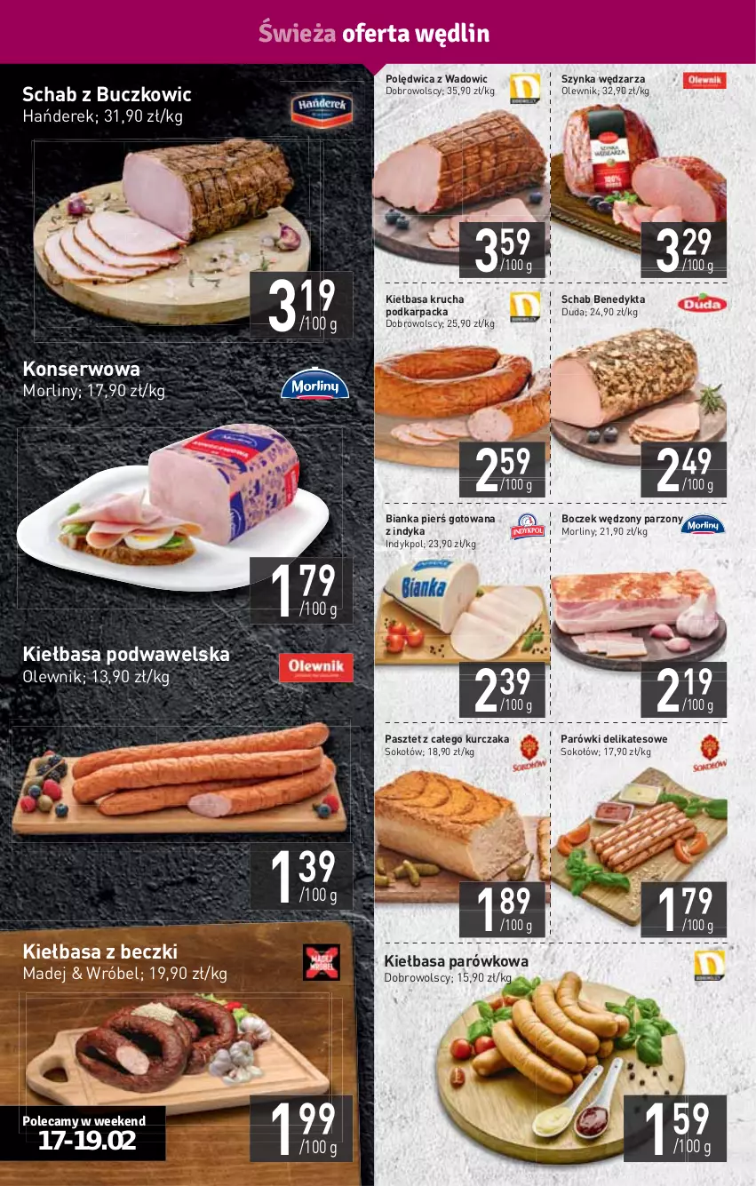 Gazetka promocyjna Stokrotka - Supermarket - ważna 17.02 do 23.02.2022 - strona 4 - produkty: Bianka, Boczek, Duda, HP, Karp, Kiełbasa, Kiełbasa krucha, Kiełbasa podwawelska, Kurczak, Morliny, Olewnik, Parówki, Pasztet, Polędwica, Schab Benedykta, Ser, Sok, Sokołów, Szynka, Wawel