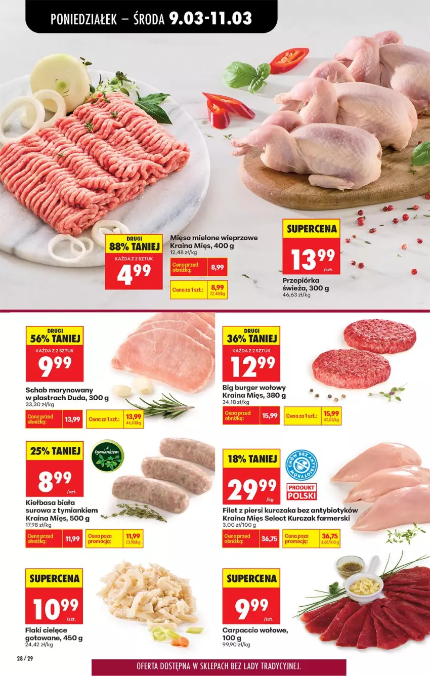 Gazetka promocyjna Biedronka - Od Poniedziałku - ważna 09.03 do 14.03.2026 - strona 32 - produkty: Burger, Carpaccio, Duda, Fa, Filet z piersi kurczaka, Flaki, Kiełbasa, Kiełbasa biała, Kurczak, Mięso, Mięso mielone, Przepiórka