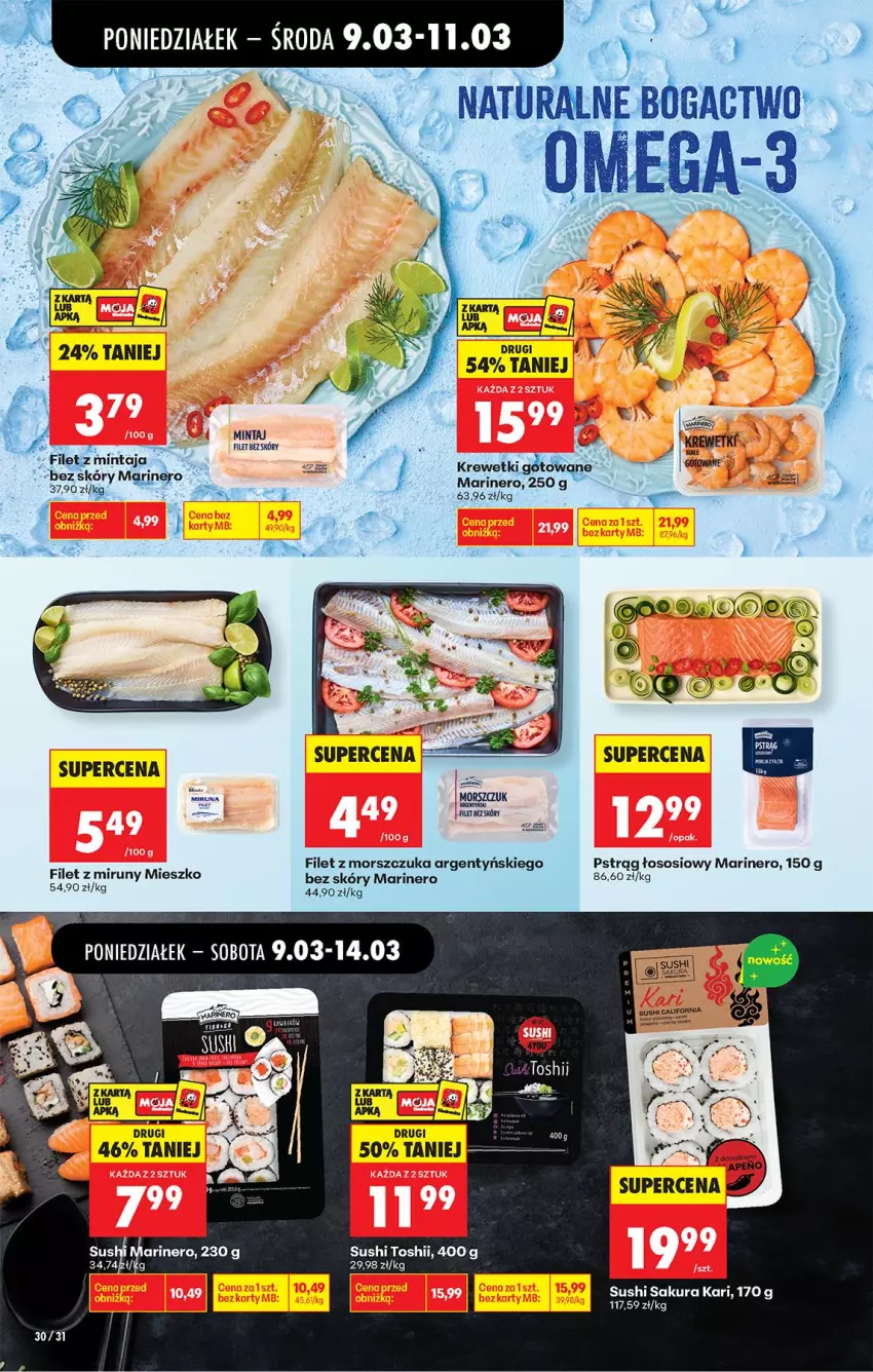 Gazetka promocyjna Biedronka - Od Poniedziałku - ważna 09.03 do 14.03.2026 - strona 34 - produkty: Filet z morszczuka, Krewetki, Mintaj, Pstrąg, Sos, Sushi