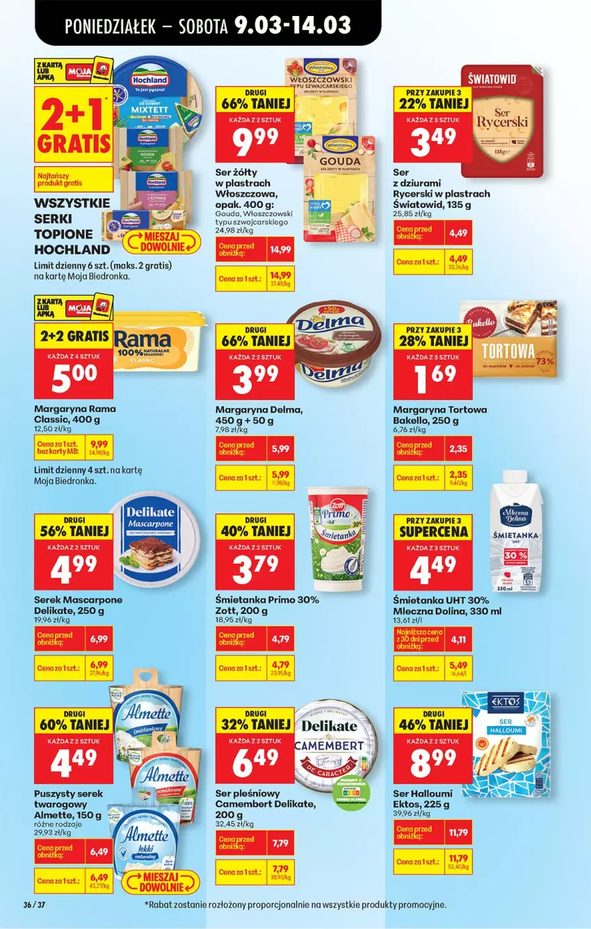 Gazetka promocyjna Biedronka - Od Poniedziałku - ważna 09.03 do 14.03.2026 - strona 42 - produkty: Almette, Camembert, Cars, Delma, Gouda, Gra, Hochland, Margaryna, Mascarpone, Por, Rama, Ser, Ser pleśniowy, Serek, Top, Włoszczowski, Zott