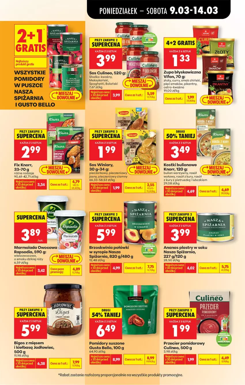 Gazetka promocyjna Biedronka - Od Poniedziałku - ważna 09.03 do 14.03.2026 - strona 47 - produkty: Ananas, Bell, Bigos, Brzoskwinie, Bulion, Fa, Knorr, Lion, Marmolada, Mola, Piec, Pomidory, Por, Rosół, Sok, Sos, Spaghetti, Syrop, Winiary, Zupa