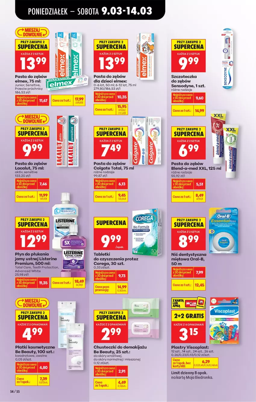Gazetka promocyjna Biedronka - Od Poniedziałku - ważna 09.03 do 14.03.2026 - strona 64 - produkty: Be Be, Blend-a-Med, Chusteczki, Colgate, Colgate Total, Corega, Dzieci, Elmex, Fa, Gra, Lacalut, LG, Listerine, Makijaż, Nić dentystyczna, Nuty, Pasta do zębów, Płatki kosmetyczne, Sensodyne, Szczoteczka, Tablet, Viscoplast