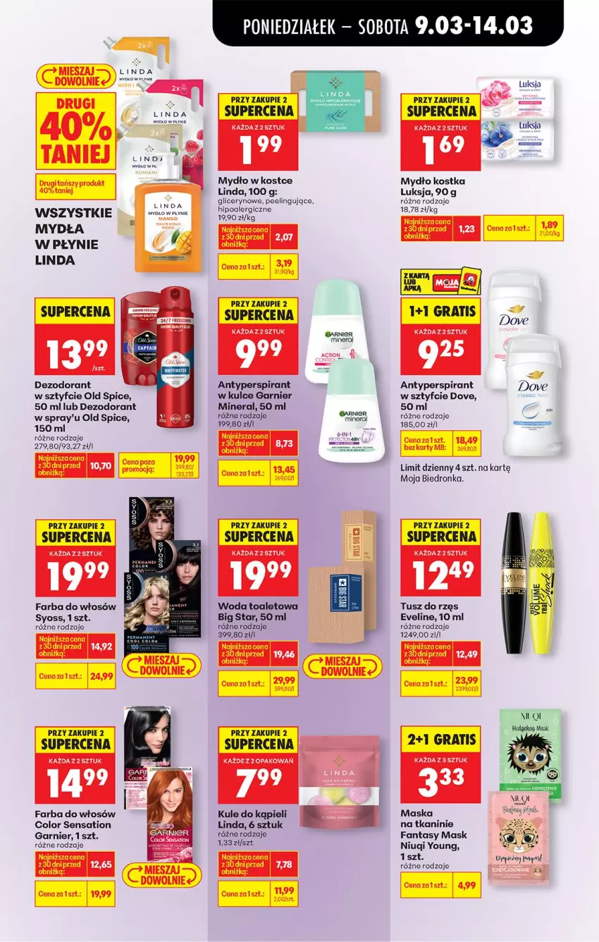 Gazetka promocyjna Biedronka - Od Poniedziałku - ważna 09.03 do 14.03.2026 - strona 67 - produkty: Antyperspirant, Dezodorant, Dove, Eveline, Fa, Fanta, Farba do włosów, Garnier, Gra, Luksja, Maska, Mydło, Niuqi, Old Spice, Peeling, Sati, Syoss, Tusz, Woda, Woda toaletowa