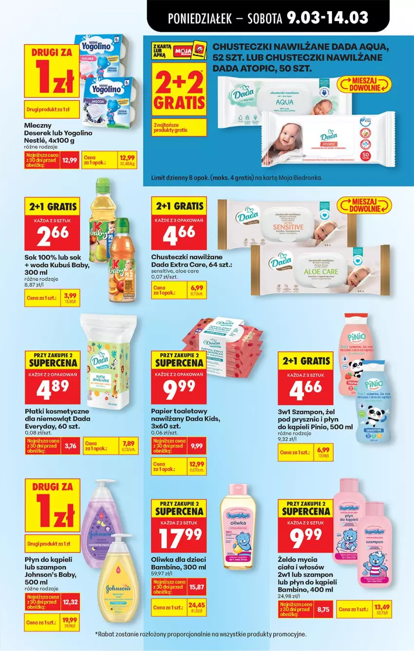 Gazetka promocyjna Biedronka - Od Poniedziałku - ważna 09.03 do 14.03.2026 - strona 69 - produkty: Chusteczki, Chusteczki nawilzane, Dada, Deser, Dzieci, Gra, Johnson's, Johnson's Baby, Kubuś, Oliwka dla dzieci, Papier, Papier toaletowy, Płatki kosmetyczne, Płyn do kąpieli, Por, Ser, Serek, Sok, Szampon, Woda