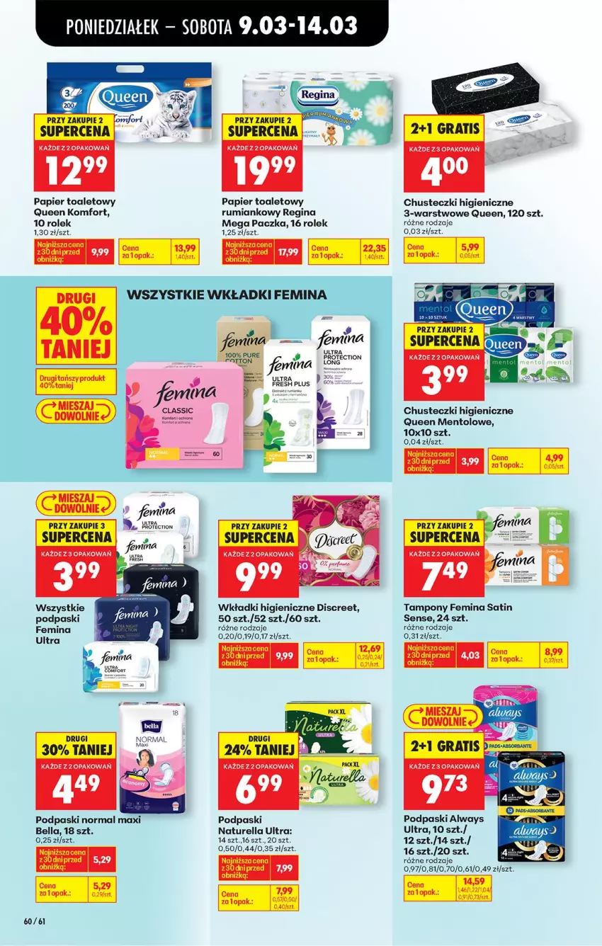 Gazetka promocyjna Biedronka - Od Poniedziałku - ważna 09.03 do 14.03.2026 - strona 70 - produkty: Always, Always Ultra, Bell, Bella, Chusteczki, Discreet, Gin, Gra, Naturell, Naturella, Papier, Papier toaletowy, Podpaski, Rum, Sati, Tampony, Wkładki