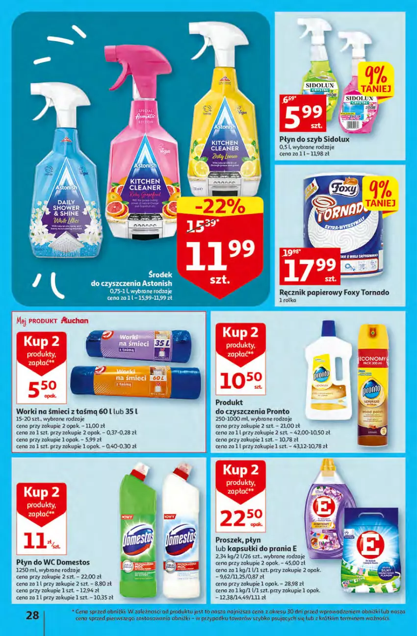 Gazetka promocyjna Auchan - Gazetka Rewelacyjne Wielopaki Hipermarket Auchan - ważna 23.02 do 01.03.2023 - strona 28 - produkty: Domestos, Foxy, Kapsułki do prania, Papier, Płyn do szyb, Płyn do wc, Pronto, Ręcznik, Worki na śmiec, Worki na śmieci