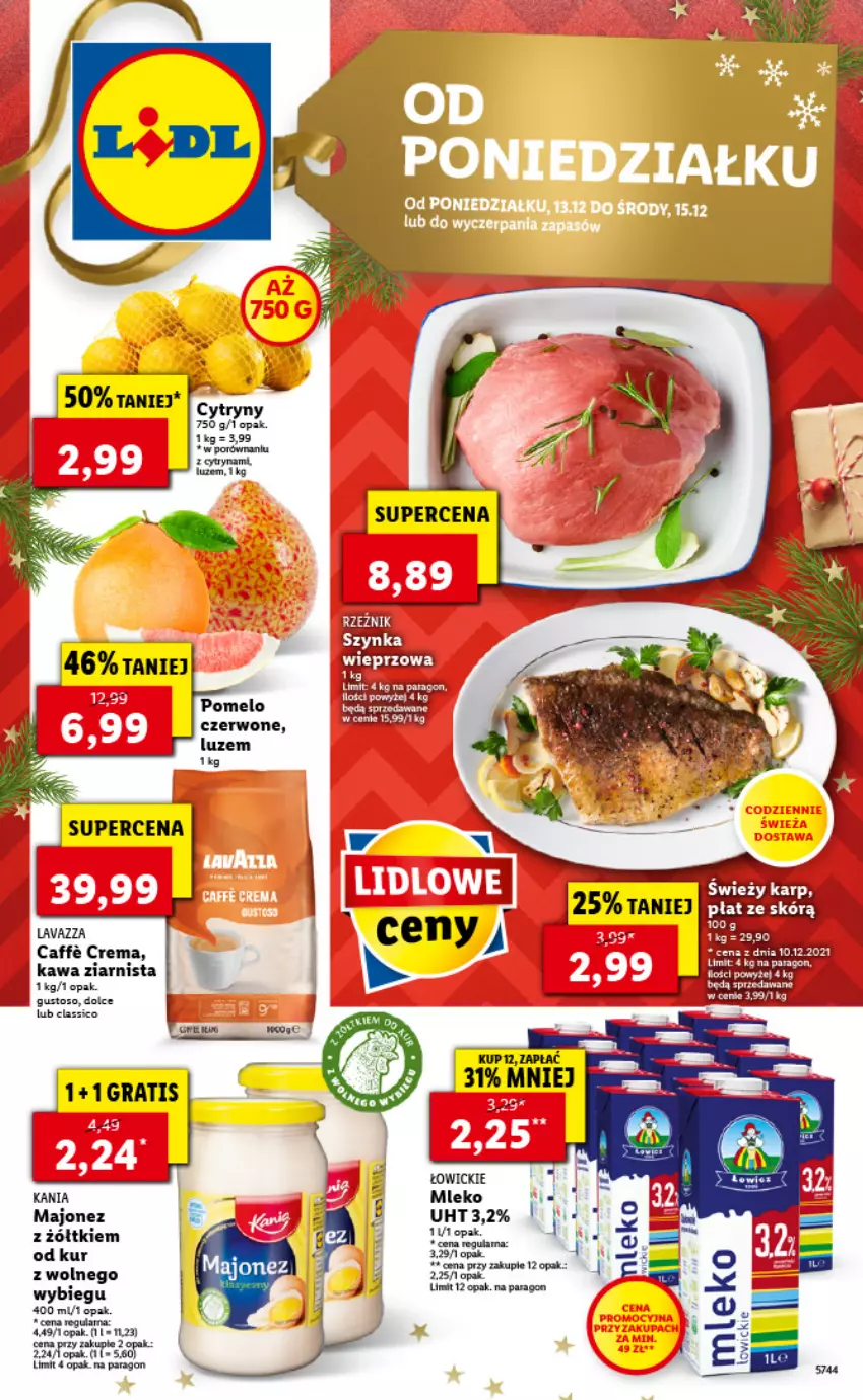 Gazetka promocyjna Lidl - GAZETKA - ważna 13.12 do 15.12.2021 - strona 1 - produkty: Kawa, Kawa ziarnista, Lavazza, Majonez, Mleko, Pomelo