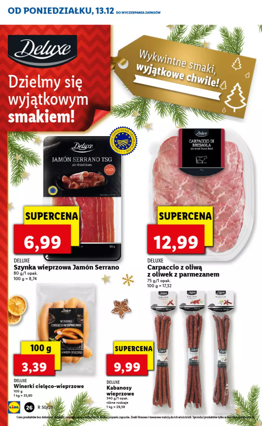 Gazetka promocyjna Lidl - GAZETKA - ważna 13.12 do 15.12.2021 - strona 26 - produkty: Carpaccio, Jamón serrano, Kabanos, Parmezan, Ser, Szynka, Szynka wieprzowa