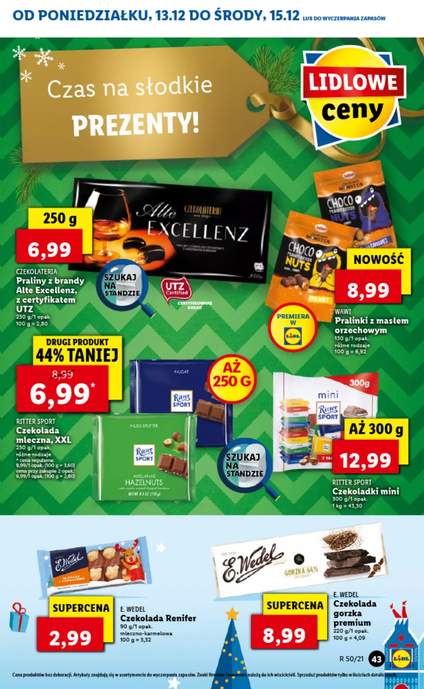 Gazetka promocyjna Lidl - GAZETKA - ważna 13.12 do 15.12.2021 - strona 43 - produkty: Brandy, Czekolada, Czekolada gorzka, Fa, Praliny, Renifer